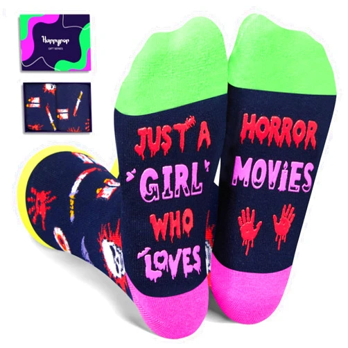 HAPPYPOP Funny Horror Movie Gifts for Women Teen Girls, Scary Horror Gifts for Movie Lovers, Horror Socks Movie Night