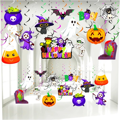 Censen Halloween Hanging Swirl Decorations Halloween Party Streamers Foil Ceiling Spiral Halloween Witch Pumpkin Ghost Cutout Decors for School Room Office Halloween Party Supplies (Lovely Style)