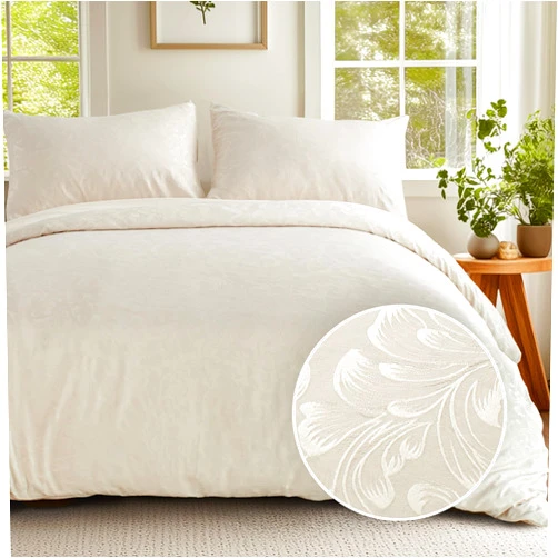 DELIGHT HOME Floral Jacquard Duvet Cover Queen Size, Luxury Breathable Cotton Queen Duvet Cover Set for All Seasons, 3 Pieces Bedding Duvet Covers with 2 Pillow Shams, 8 Corner Ties (Queen, Beige)