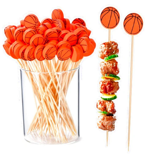 JtmyAota 100 Pack Basketball Toothpicks, 4.7 Inch Bamboo Cocktail Picks, Bamboo Toothpicks for Sports Events Basketball Party Decorations Supplies