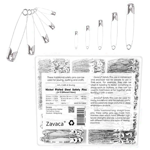 Zavaca 550 Pcs Safety Pins, 5-Size, Strong Nickel-Plated Steel Durable Large Safety Pins Bulk, Small Safety Pins. Safety Pins for Clothes, Best Sewing Accessories, Kit for Baby Clothing, Crafting, Art