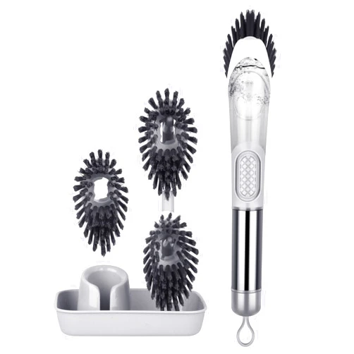 FORSPEEDER Soap Dispensing Dish Brush Set - FORSPEEDER Kitchen Brush with Stand 3 Brush Replacement Heads Stainless Steel Handle, Dish Wand Scrub Brush for Dishes Sink Pot Pan Cleaning