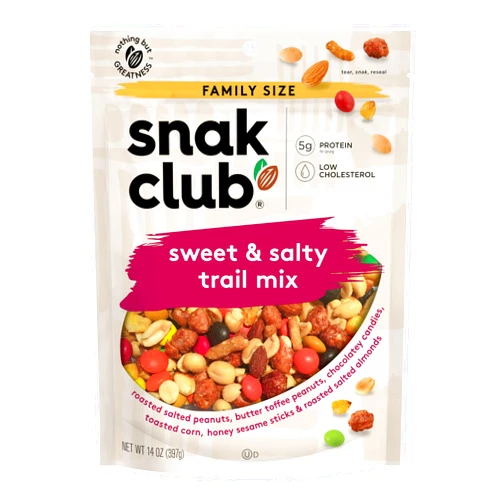 Snak Club Sweet and Salty Trail Mix with Peanuts, Butter Toffee Peanuts, Chocolatey Candies, Toasted Corn, Honey Sesame Sticks, and Almonds, Kosher Snack, 14 oz Resealable Bag