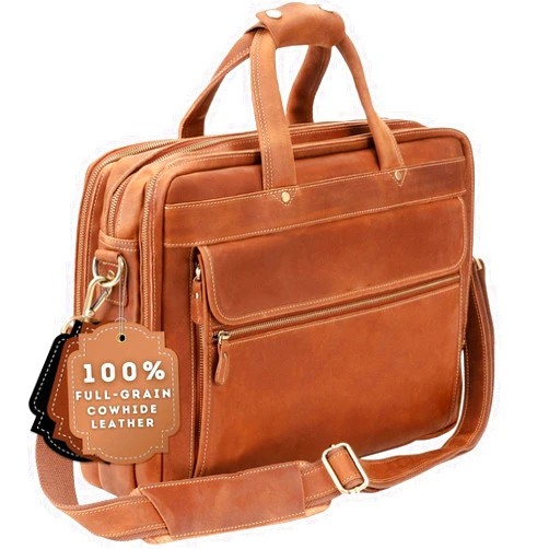 Luxorro Full Grain Leather Briefcase for Men, Light Brown, 17