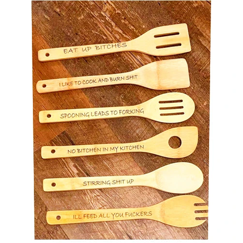 AmSoaN Funny Wooden Spoon Set(6pcs),Wooden Cooking Spoons,Wooden Spoons,Engraved Wooden Coffee Spoon With Funny Sayings,Personalized Wooden Spoons For Cooking,Bamboo Kitchen Utensils Gag Gifts (Size