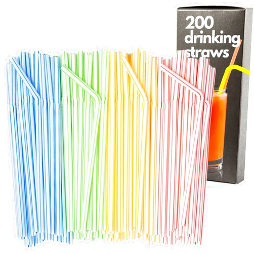 HOGOWARE Pack of 200 White Striped Plastic Drinking Straws, Flexible and Reusable Bendy Straws for Coffee, Smoothies, and Cocktails - Disposable Stir Sticks for Kids' Milkshakes, Birthday Parties, and Events