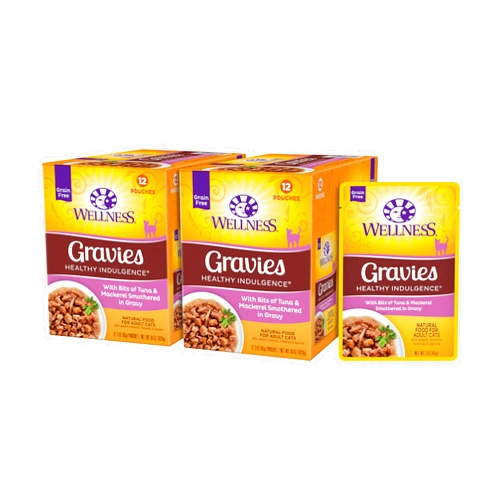 Wellness Healthy Indulgence Gravy Adult Wet Cat Food, Natural, Protein-Rich, Grain Free, 3 Ounce Pouch, 24 Pack, (Tuna & Mackerel)