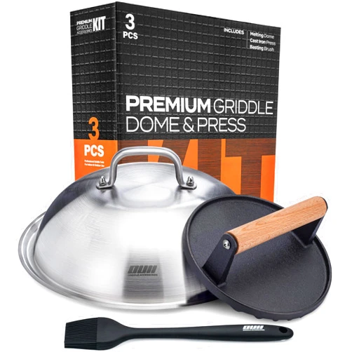 OUII Flat Top Griddle Accessories Set for Blackstone and Camp Chef Griddle - Round Cast Iron Burger Bacon Press with 12 Inch Heavy Duty Round Basting Cover Melting Dome Lid & Basting Brush