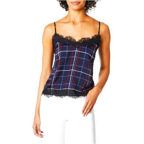 cupcakes and cashmere Women's Dale Painted Plaid Printed Reverse Crepon Cami W/Lace Trim