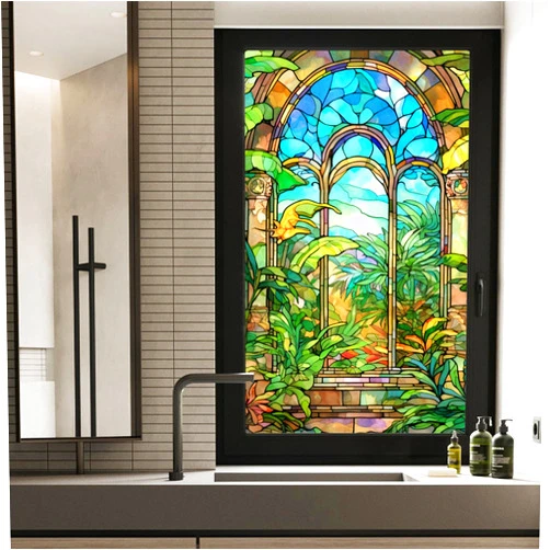 WBQMUNY Tropical Plant Painted Frosted Static Cling Decorative Window Film,Non Adhesive Privacy Film,Stained Glass Window Film for Bathroom Shower Door Heat Anti UV 17.7