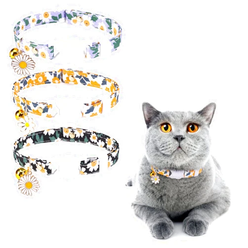 DILLYBUD 3 Pack Breakaway Cat Collars with Bell- Flower Pendant Spring Cat Collar for Girl Boy Cats with Safety Buckle- Cute Kitten Collar Adjustable 8
