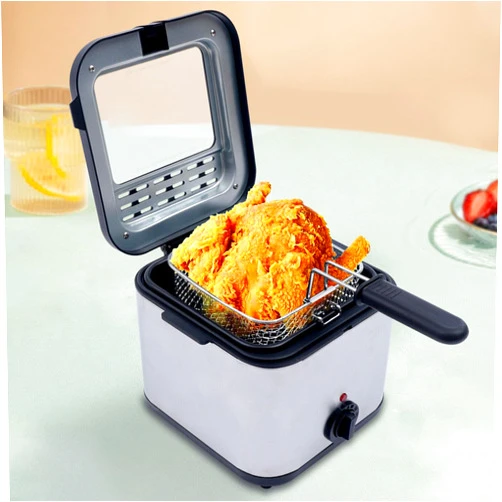 KeruRome 2.5L Electric Deep Fryer, Electric Oil Fryer Pot, Deep Fryer with Basket and Drip Hook for Home Use, Removable Basket Adjustable Temperature, 1000W Portable Deep Fryer, Intermediate, Silver