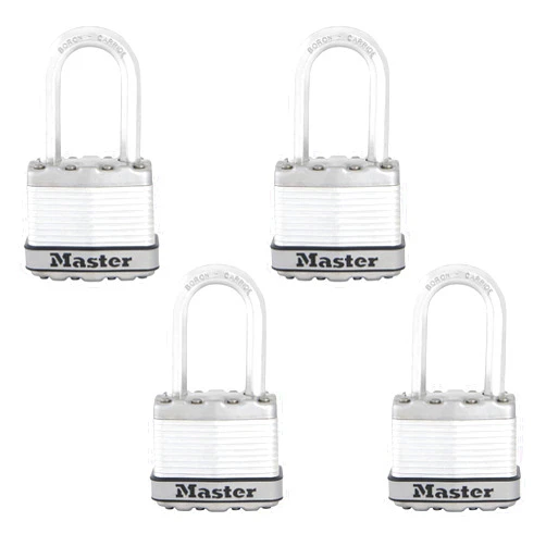 Master Lock Silver Magnum Outdoor Padlock with Key, Keyed Alike Gate Locks for Outdoor Fence or Shed with Long Shackle, 4 Pack, M1XQLFCCSEN
