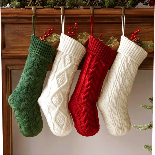 LimBridge Cable Knit Christmas Stockings, 4 Pack 18 inches Large Size Knitted Xmas Stockings, Rustic Farmhouse Beige Boho Style Stocking Decorations for Family Holiday Season Decor, Red, Green & White