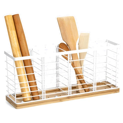 Lonian Large Kitchen Utensil Holder with Bamboo Base, 4 Compartments Metal Cooking Utensil Organizer for Kitchen Countertop or Wall Mounted, Rustic Utensil Crock Caddy