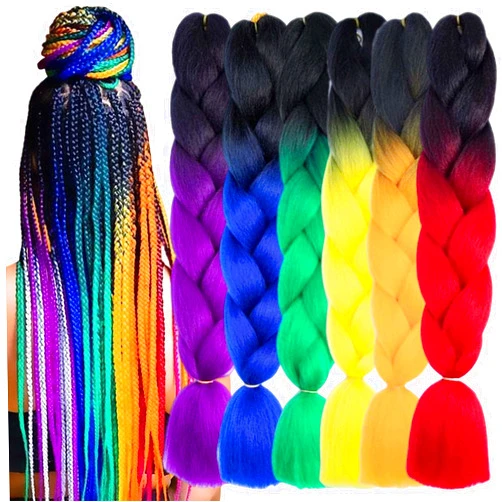 TENGSHUO FLY Rainbow Braiding Hair Extensions 6 Packs/24 Inch Synthetic Jumbo Ombre Box Braiding Hair for Women(in Black, Yellow, Orange, Green, Red, Purple, Blue) (24