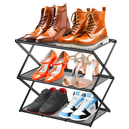 GTIPPOR Small Shoe Rack for Entryway - 3 Tier Shoe Organizer Metal Foldable Shoes Storage Rack, Zero Tool Install, Sturdy Shoe Rack for Closet, Front Door Entrance, Living Room - Space Saving, Black