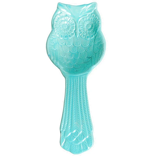 MyGift® Aqua Blue Ceramic Spoon Rest with Owl Design, Countertop Cooking Spoon and Ladle Holder