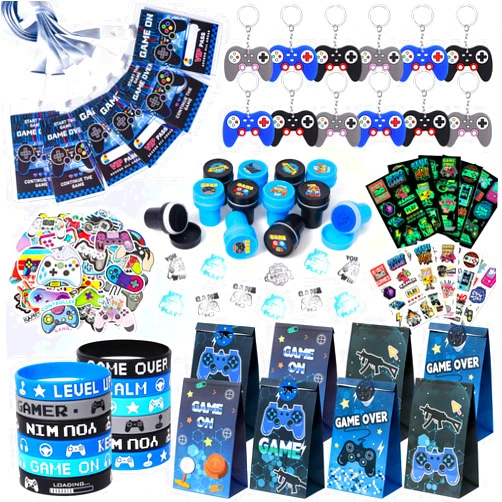 ESAG 122Pcs Video Game Party Favors Gamer Birthday Supplies Kids Boys Gaming Gift Bag VIP Pass Silicone Bracelet Glow in The Dark Tattoo Sticker Stamper Keychain Game On Gift Filler Gamer Party Favors