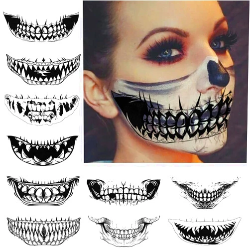 CHASPA 10 Packs Halloween Clown Horror Mouth Face Temporary Tattoo, Prank Makeup Face Decals Prank Props for Halloween Cosplay Party DIY Decorations (Black)