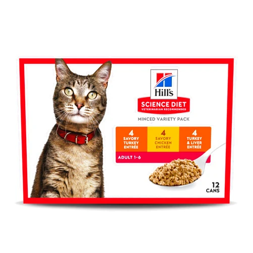 Hill's Science Diet Adult 1-6, Adult 1-6 Premium Nutrition, Wet Cat Food, Variety Case: Turkey; Chicken; Turkey & Liver Minced, 5 oz Can Variety Case, Case of 12