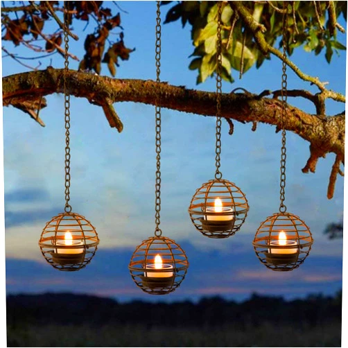 TWINKVILLA Solar Hanging Lanterns Outdoor Waterproof, Rust Iron Ball Candle Holder with Flickering Solar Powered Tea Lights, Perfect Chargeable Solar Lights for Backyard Patio Garden Fence Tree Decoration-4Pack