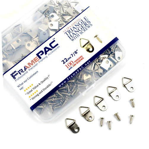 FramePac Small Triangle Picture Hangers with Screws [100 Pcs] - (AKA Picture Hanging Hardware, Picture Frame Hanger, Picture Hanger Hooks, Picture Hooks for Hanging)