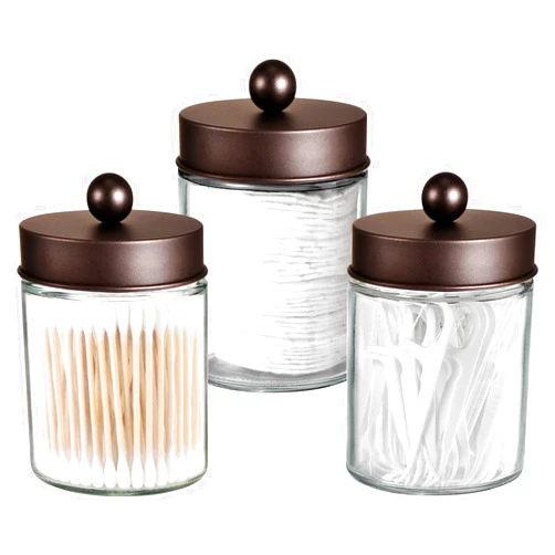 Komashr Apothecary Jar Canisters Bathroom Vanity Organizer - Qtip Holder Storage Organizer Countertop -Stainless Steel Lids &Cute Stickers for Qtips,Cotton Swabs,Makeup Sponges,Floss(3 Pack ) (Bronze)