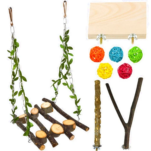 kathson Wood Bird Swing Toys Natural Parrot Perch Wooden Stand Platform Parakeet Paw Grinding Stick Cage Accessories Exercise Toy for Cockatiels Budgies Lovebirds Conures