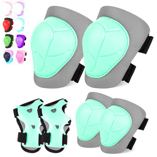 FIODAY Knee Pads for Kids Knee and Elbow Pads Wrist Guards Adjustable Protective Gear Set for Girls Boys Inline Skating Biking Skateboard Scooter Knee Pads, Grey Green, 3-8 Years