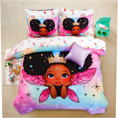 A Nice Night Black Girl Princess with Wings Comforter Set,Pink Gradient Glitter Rainbow Galaxy 6pcs Kids Bedding Set,Full