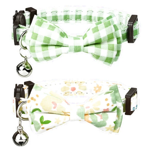 G-ficu 2 Pack Cat Collar Breakaway with Cute Bow Tie Bell Charm, Flower Plaid Collars for Girl Boy Cats Kittens with Adjustable Safety Buckle-Green
