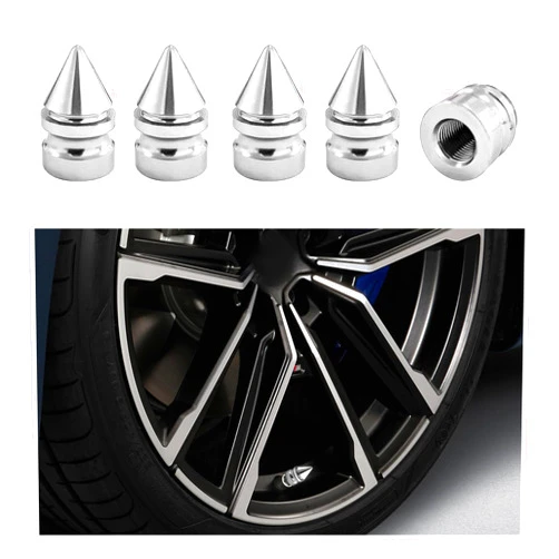 Sylvil 5 PCS Car Tire Valve Caps, Spike Aluminum Tire Wheel Valve Stem Covers, Corrosion Resistant Auto Rim Dust Caps, Universal Stem Cover for Car, SUV, Truck, Bike, Motorcycle (Silver)