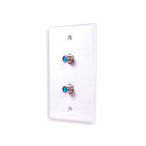 SatelliteSale Coaxial Dual Wall Plate Female to Female F-Type RG-6 2.4GHz Universal Connectors White with Screws and a Wall Bracket Included