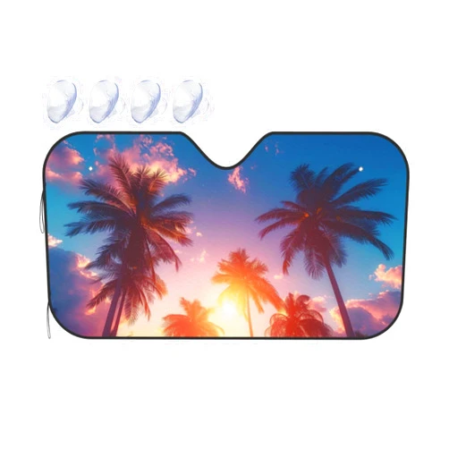 SUPLUCHOM Windshield Sun Shade Beach Palm Tree Sunset Car Front Window Sunshade Blocker UV Visor Retractable Automotive Sunshades for Vehicle SUV Truck Protector 55x30 inch