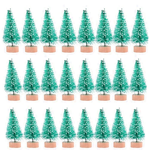 SUNREEK 24 Pieces Artificial Mini Christmas Sisal Snow Frost Trees with Wood Base Bottle Brush Trees Plastic Winter Snow Ornaments Tabletop Trees for Christmas Party Home Decoration (Green)