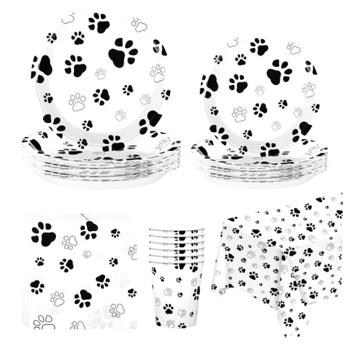 durony 159 Pieces Dog Paw Print Party Supplies Set Including 108 x 54 Inches Tablecloth 9 OZ Cups Plates and Napkins for Birthday, Baby Shower Theme Party Decorations