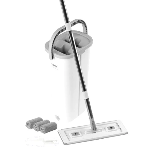 VEVOR Mop and Bucket with Wringer Set, Wet & Dry Use, Flat Mop and Bucket System with 3 Washable Microfiber Pads, Flat Mop with Stainless Steel Handle, Mop Bucket Set for Hardwood Tile Vinyl