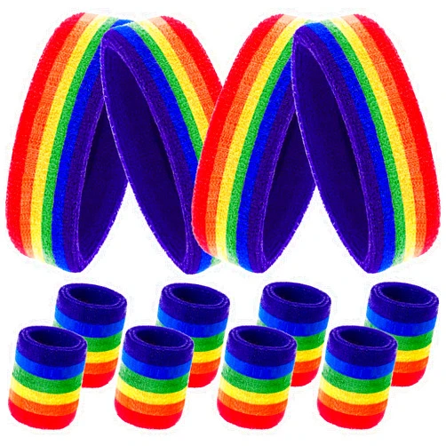Bememo 12 Pcs Rainbow Terry Cloth Sweatbands Set for Men & Women - 4 Striped Headbands, 8 Wristbands for Sports, Gym, LGBT Pride Parades (Rainbow)