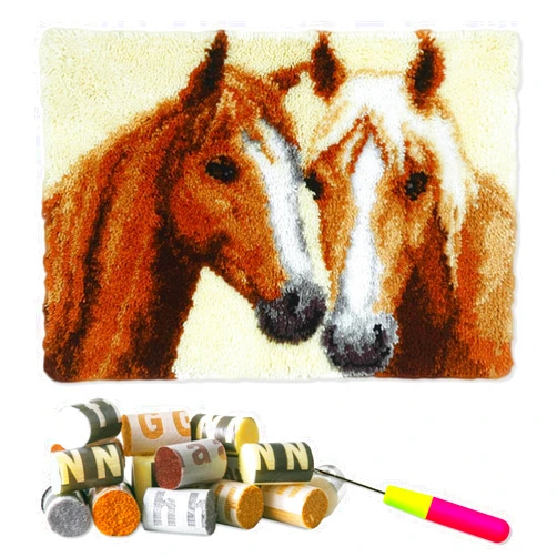 LAPATAIN Latch Hook Kits DIY Crochet Yarn Kits,Two Horses Carpet Embroidery Hook Rug Kit Needlework Sets Cushion for Kids or Adults Home Decor 20x15inch