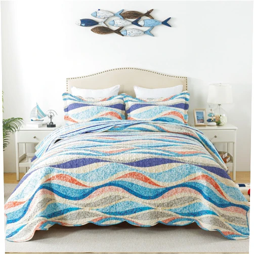 HoneiLife King Quilt Bedding Set - 3 Pieces Beach Quilt sets Coastal Bedspreads Ocean Coverlets Microfiber Bed Cover All Season Quilts
