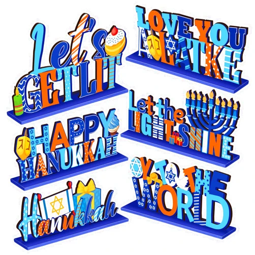 Hoolerry 6 Pack Hanukkah Decorations Table Sign Chanukkah Table Centerpiece Wooden Menorah Dreidel Star of David Signs for Winter Chanukkah Party Dinner Coffee Tiered Tray Hanukkah Decor Home Indoor