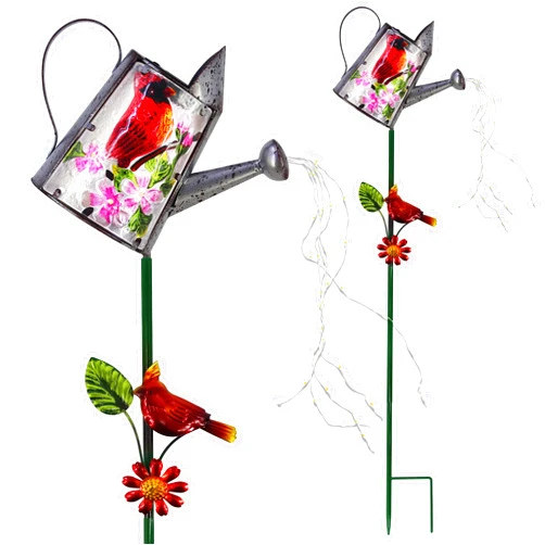 WUFEILY Garden Solar Lights Outdoor, Metal Watering Can Garden Stake Lights Cardinal Bird Decor Glass Art for Walkway, Pathway, Yard, Lawn