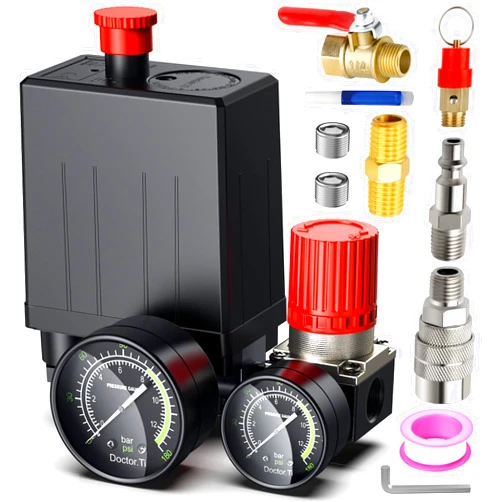 Preciva Air Compressor Pressure Switch Control Valve with 4 Way Valve Air Pressure Regulator 0-180PSI / Safety Pressure Relief Valve/Threads Pipe & Plug