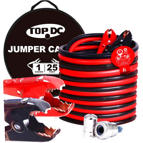 TOPDC 1 Gauge 25 Feet Jumper Cables for Car, SUV and Trucks Battery, Heavy Duty Automotive Booster Cables for Jump Starting Dead or Weak Batteries with Carry Bag(TD-P0125)