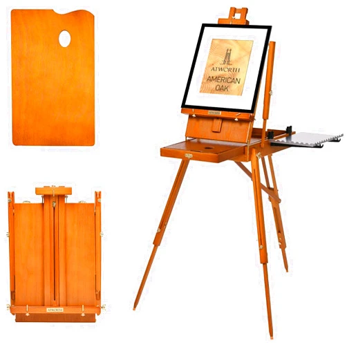 ATWORTH French Easel for Painting, Deluxe Oak Wooden Field & Studio Sketchbox Easel Stand with Metal Side Tray, Portable Tabletop & Tripod Floor Painting Easel, Holds Canvas up to 34
