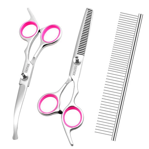 GEMEK Dog Grooming Scissors with Safety Round Tips Stainless Steel Professional Dog Grooming Kit - Thinning, Curved Scissors and Comb for Cat Pet (Pink 4 in 1)
