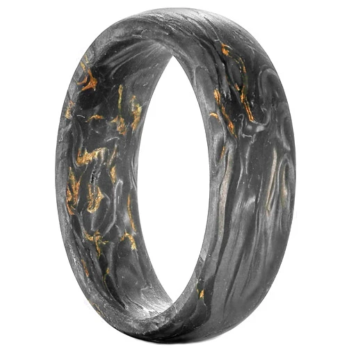 NUNCAD Men's Rings 8mm Black Pure Carbon Fiber Engagement Wedding Band Gold Leaf Inlay Domed Comfort Fit Size 7-12