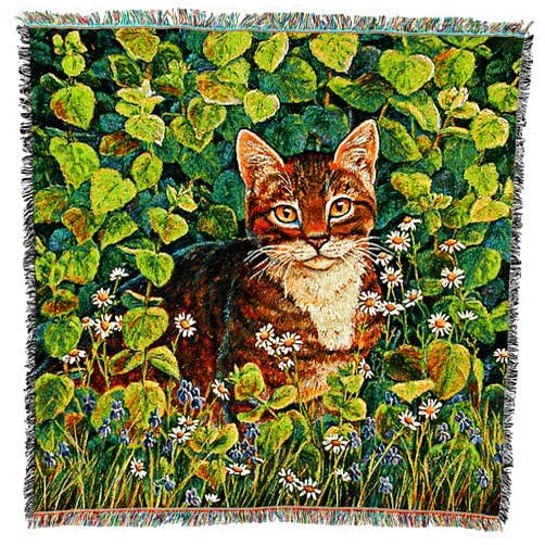 Pure Country Weavers in Lemon Balm Cat Blanket by Linda Elliott - Gift Lap Square Tapestry Throw Woven from Cotton - Made in The USA (54x54)