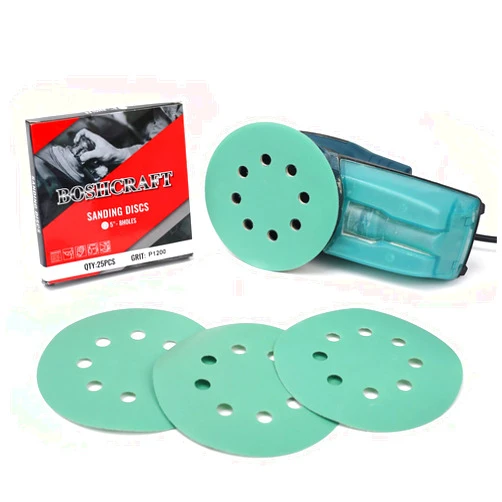 BOSHCRAFT 25 Pcs Sanding Discs, 1200 Grit Wet & Dry Orbital Sander Sandpaper 5 Inch Sanding Disc Hook and Loop 8 Holes Sandpaper with Green Film-Backed for Automotive Wood Metal Orbital Sander Plaster